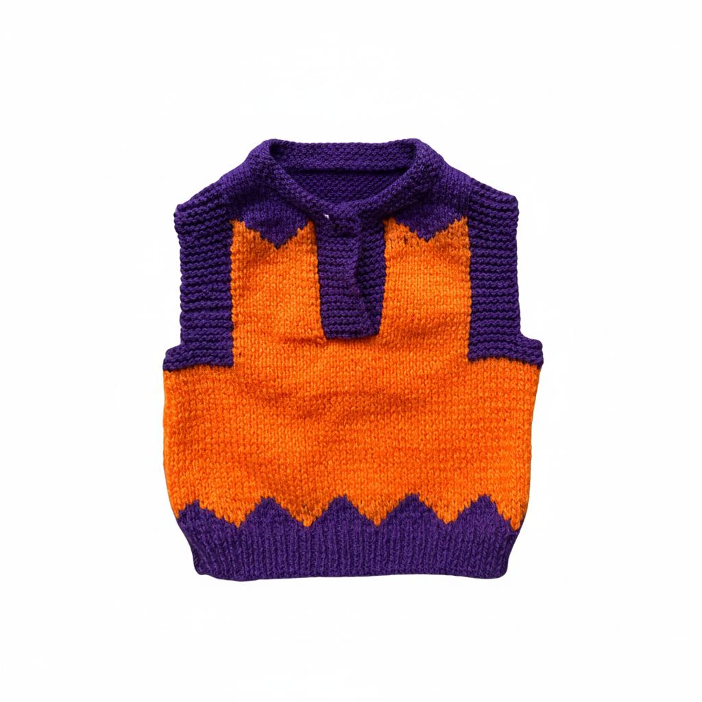Knitted vest with orange body and purple trim on a white background