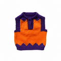 Knitted vest with orange body and purple trim on a white background