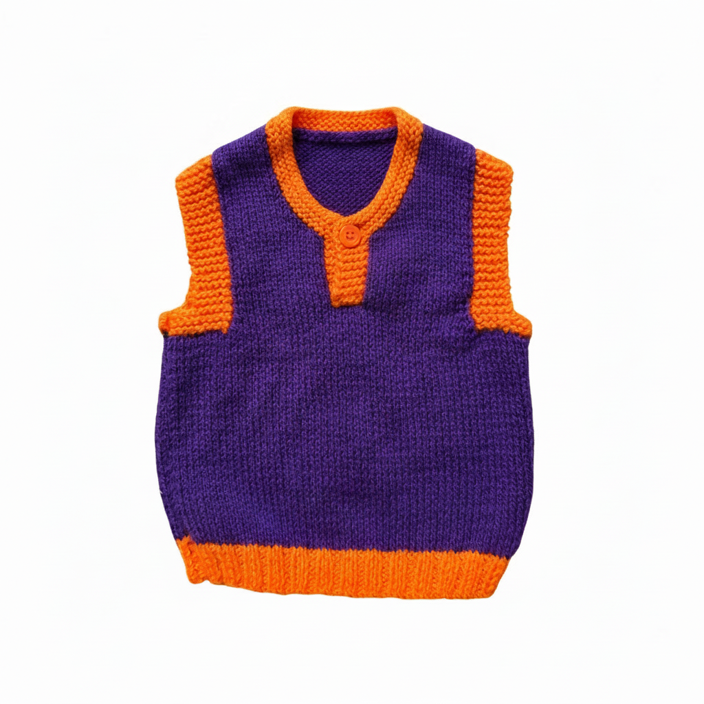 Purple and orange knitted vest on a white background