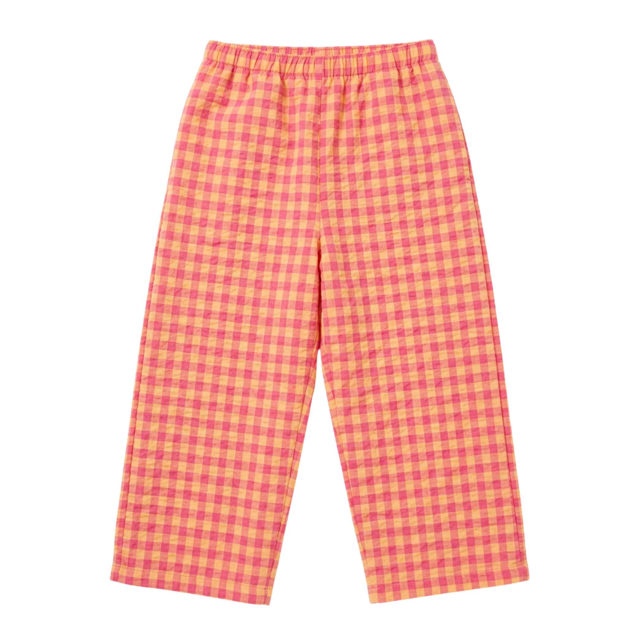Pink and red checkered pants on a white background