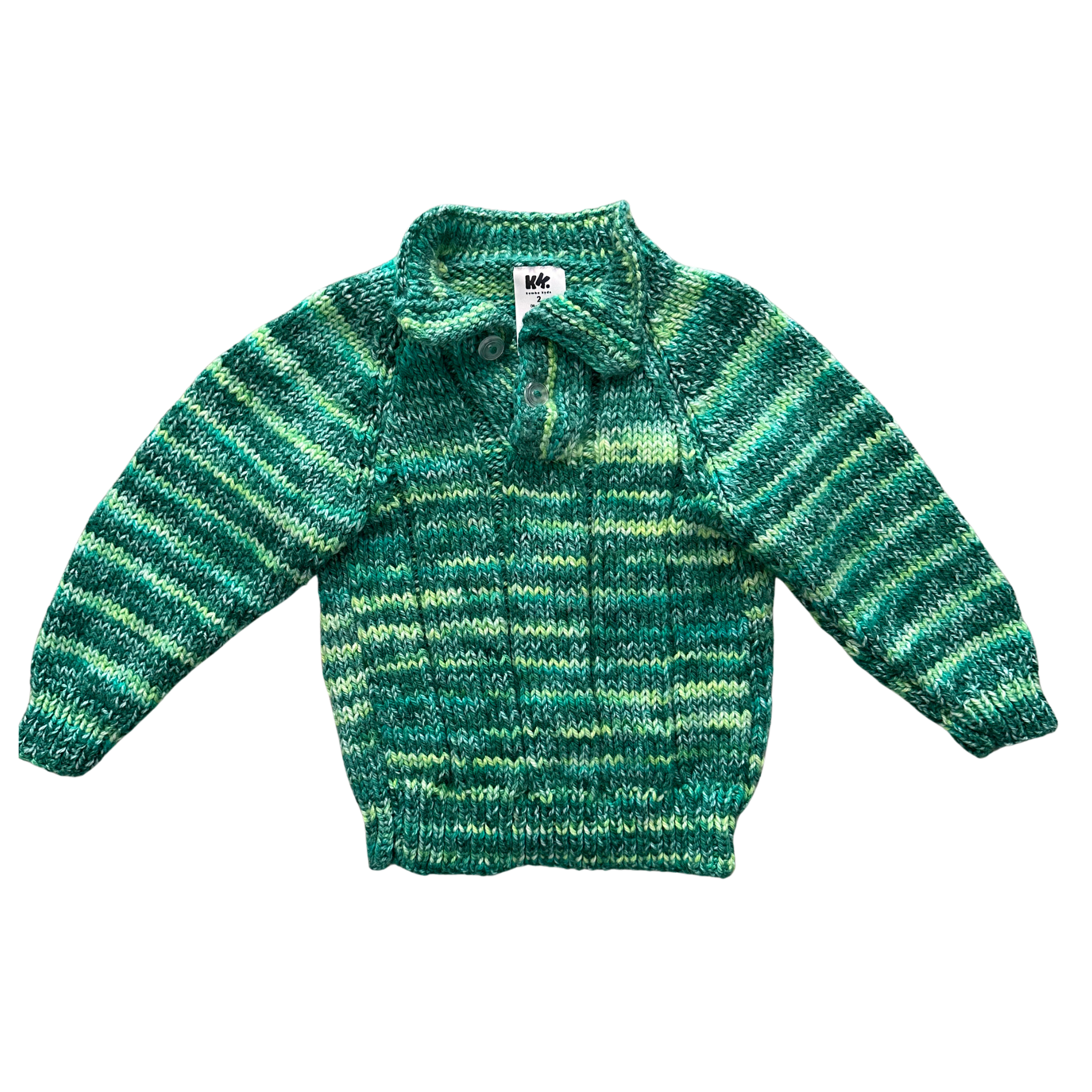A green and teal striped knit cardigan sweater for toddlers, featuring a button-up front, ribbed cuffs, and a ribbed hem, laid flat on a white background.