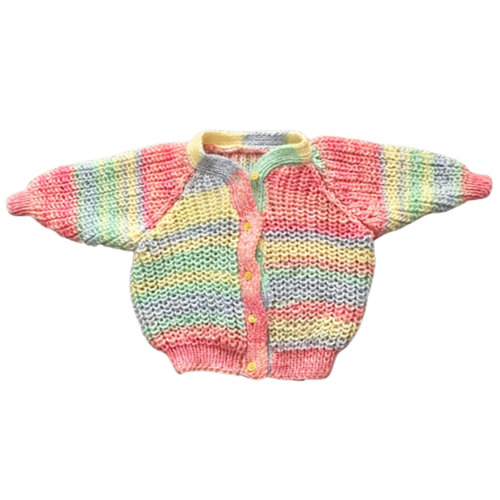 A hand-knit baby cardigan sweater featuring horizontal pastel stripes in pink, yellow, green, blue, and orange, with a button-up front and long raglan sleeves.
