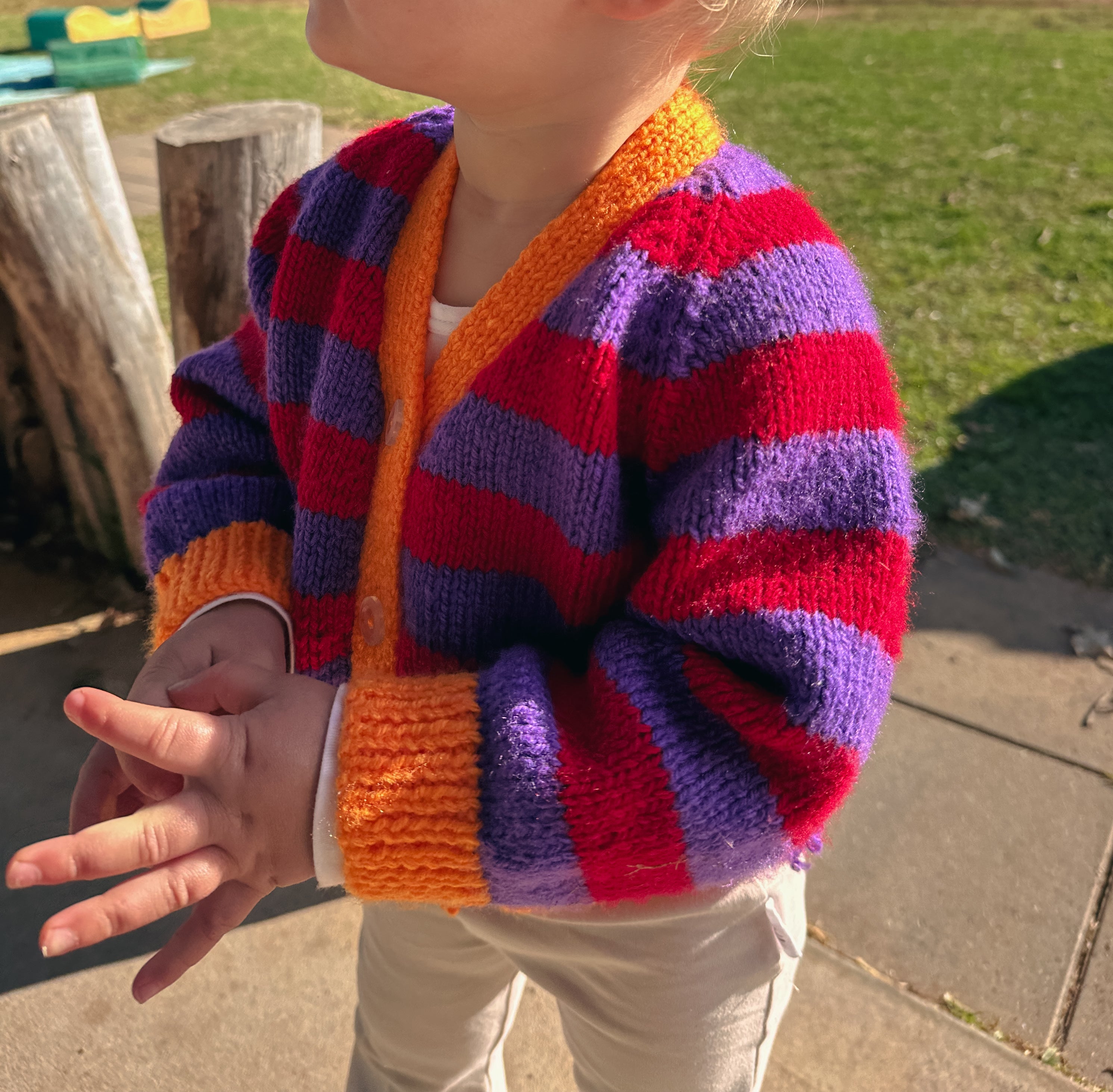 Bloom — Red, Purple & Orange Rib Cardigan | Handknit Kids Knitwear