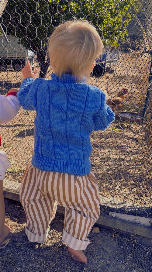 Child wearing a blue sweater and striped pants standing near a wire fence.