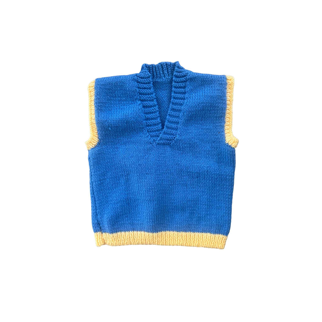 Blue Vest with yellow trim on a white background