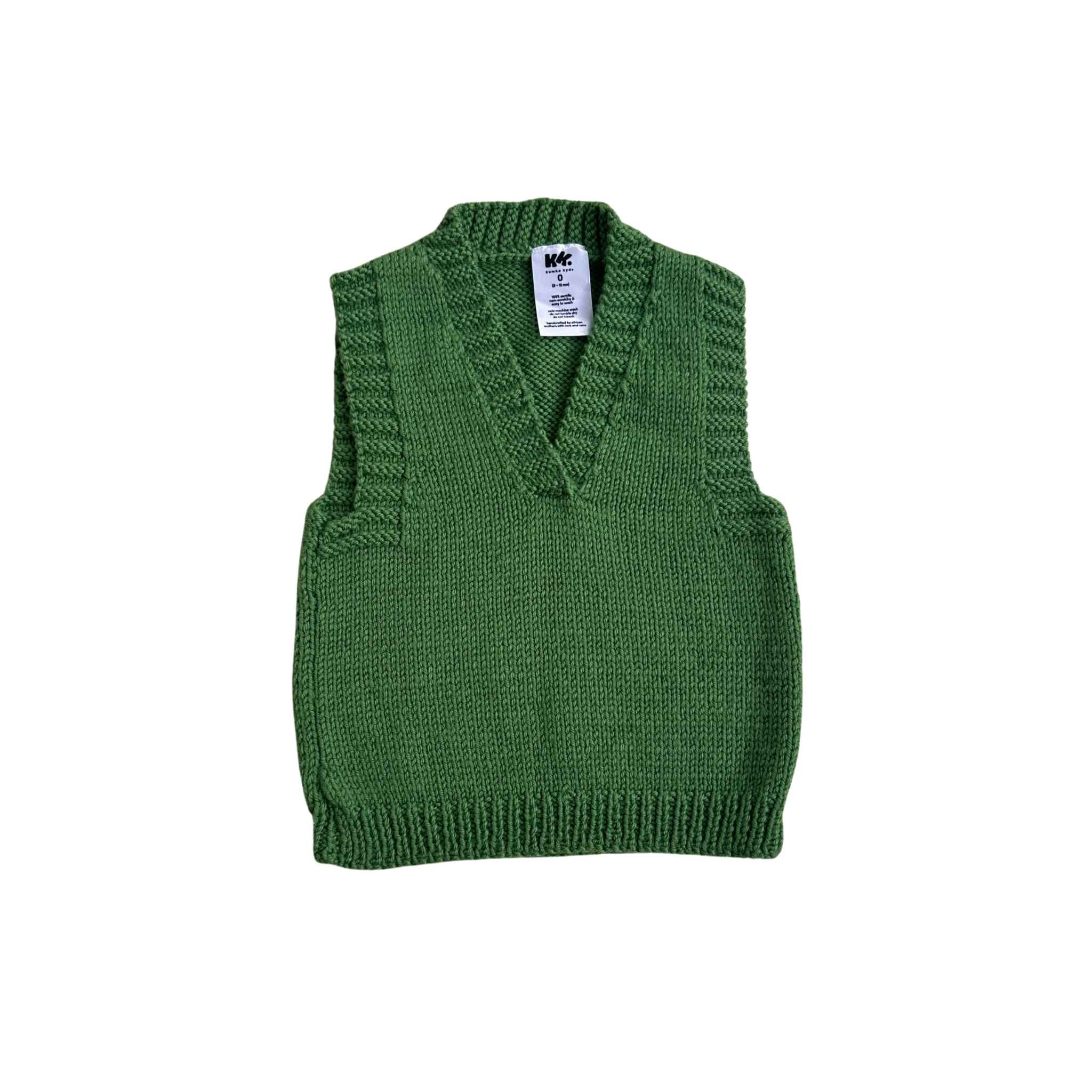 Green knitted vest with a brand label on a white background