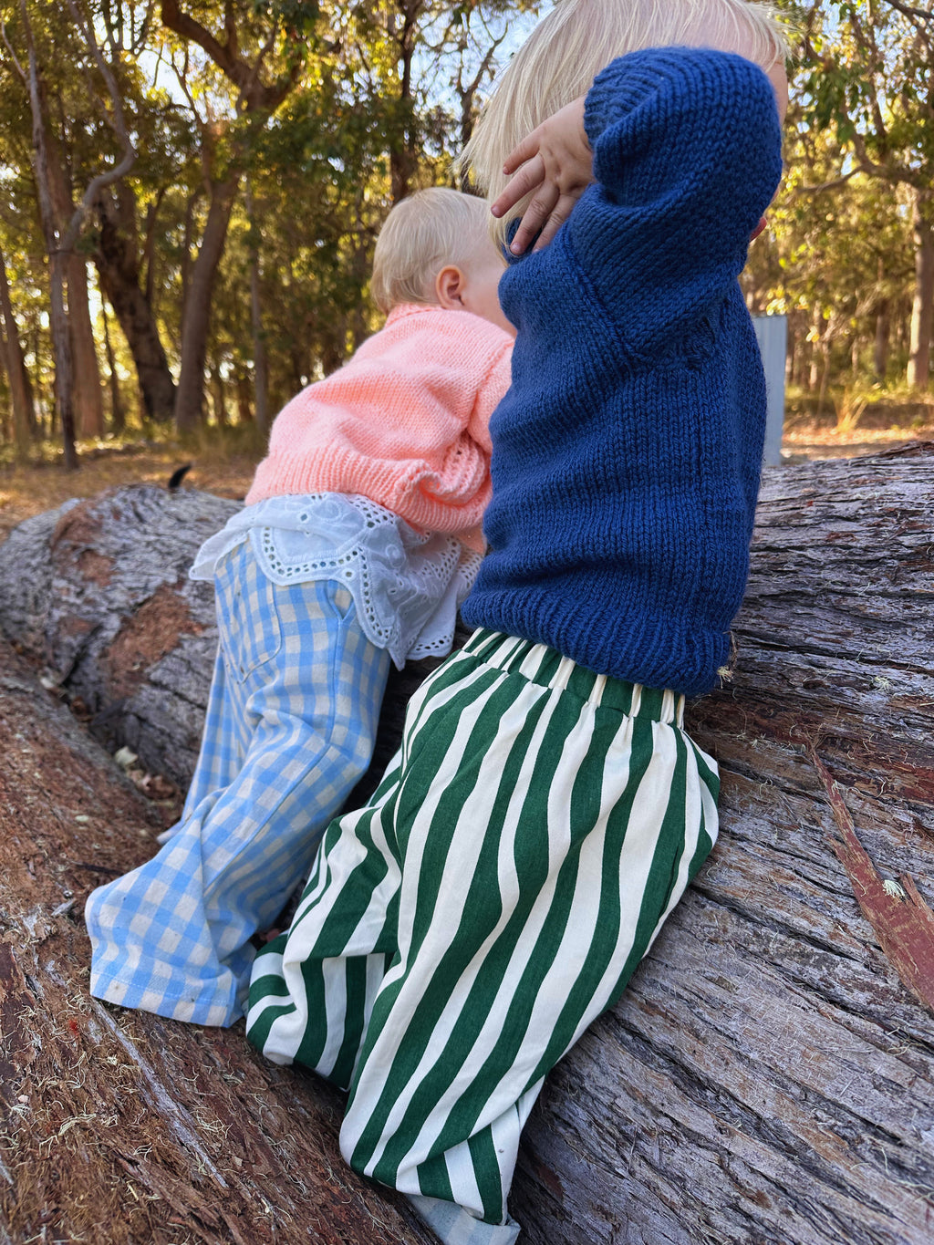 Two children in knitted jumpers standing on a log in a forest setting