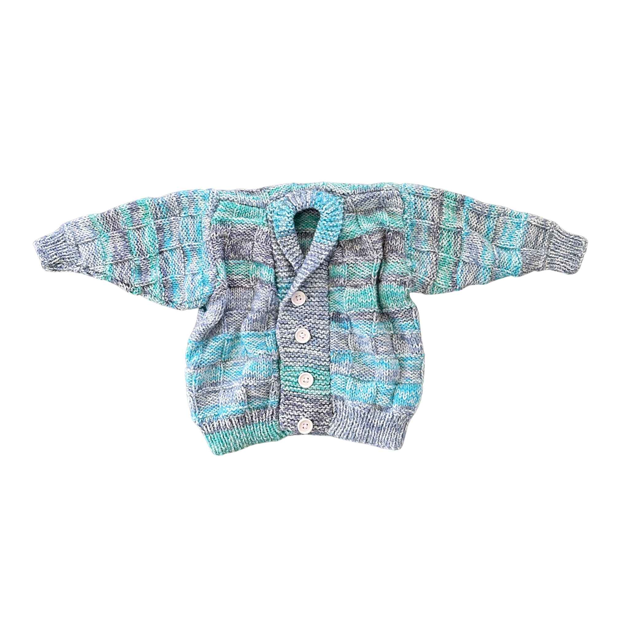 Knitted cardigan with blue and gray pattern on a white background