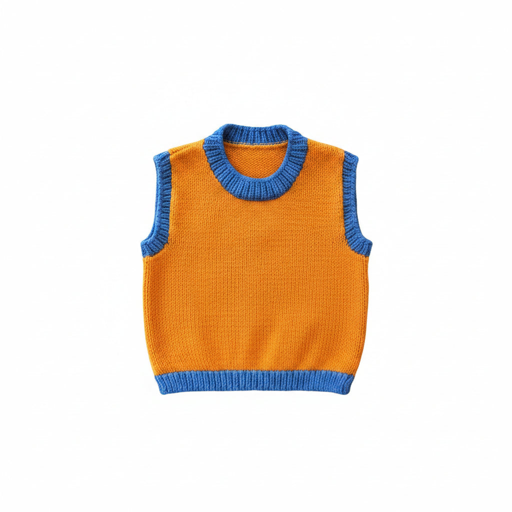Orange knitted vest with blue trim on a white background