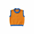 Orange knitted vest with blue trim on a white background