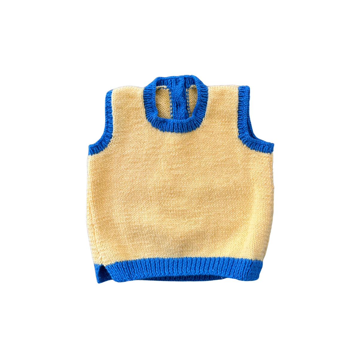 Yellow knitted vest with blue trim on a white background