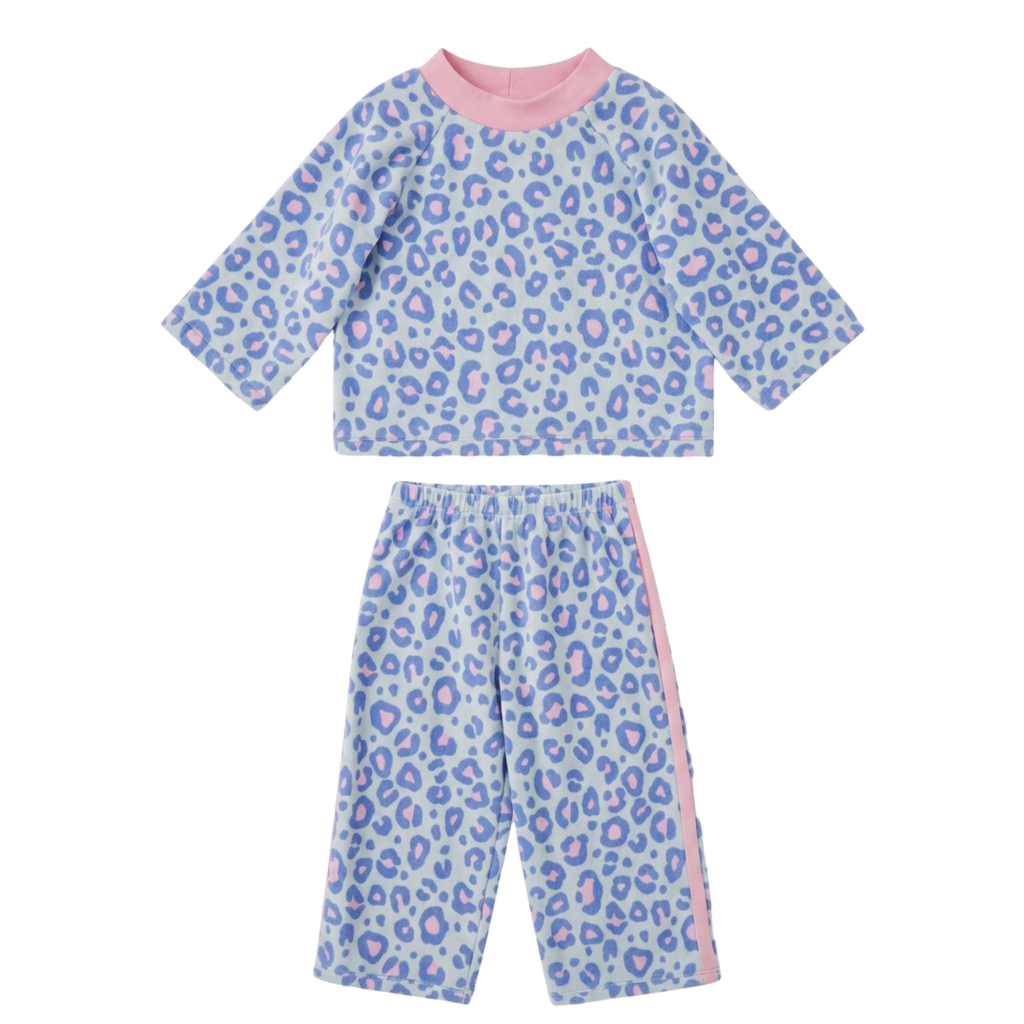 Children's playwear set with blue and pink leopard print on a white background