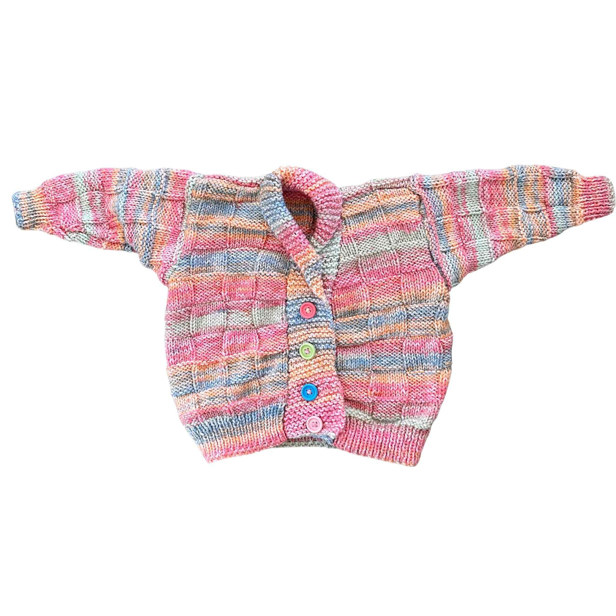 multi-colour knitted cardigan on a white background
